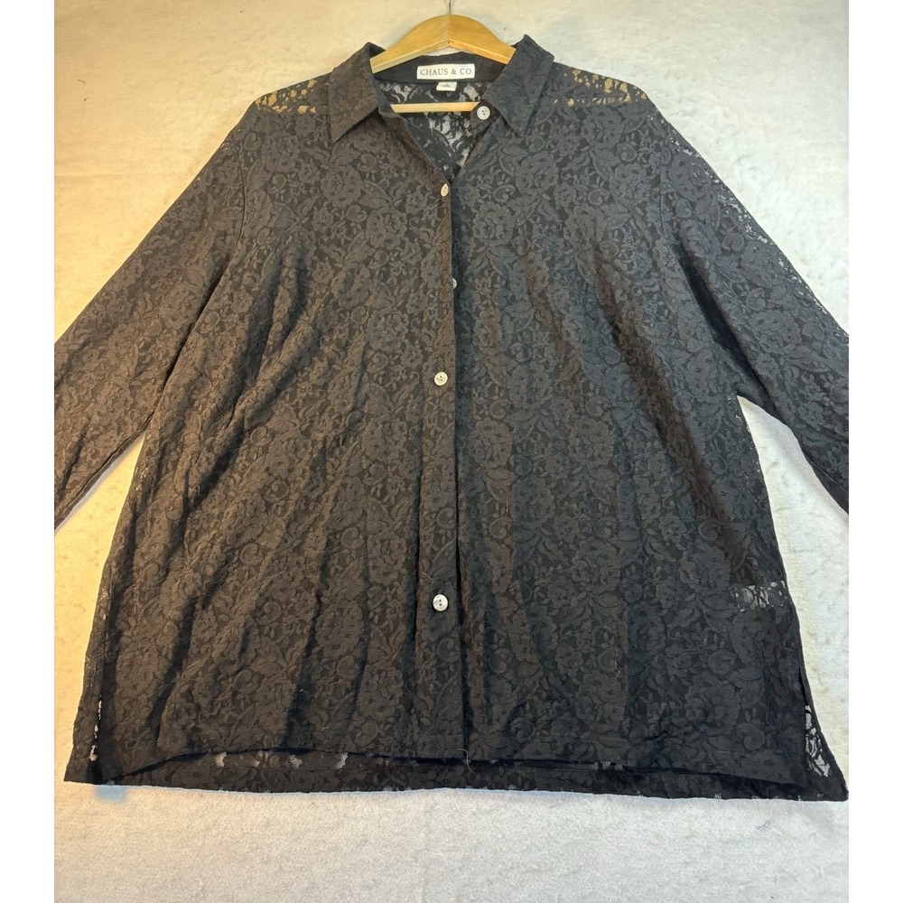 Chaus & Co Women's 1X Black Lace Button-Up Blouse Semi Sheer Whimsigoth